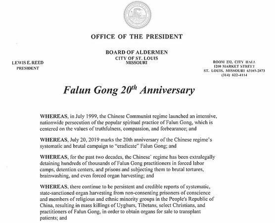 Image for article Missouri: Presidente da Câmara de Vereadores condena a perseguição ao Falun Gong e a extração forçada de órgãos