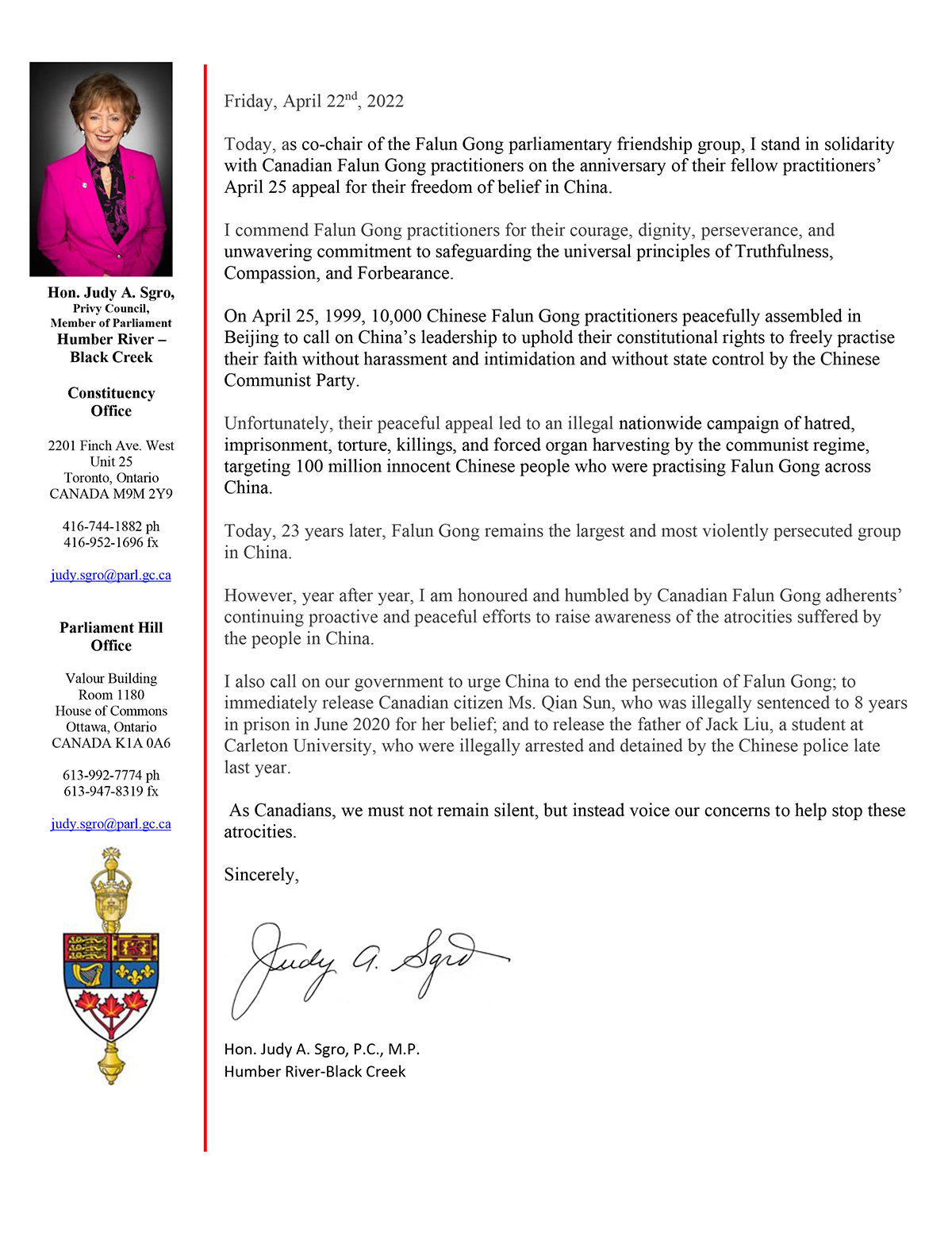 Image for article ​Ottawa, Canadá: Membro do Parlamento elogia o apelo pacífico de 25 de abril