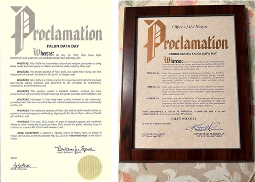 Image for article ​Ohio, EUA: Três cidades emitem proclamações e cartas para marcar o Dia Mundial do Falun Dafa