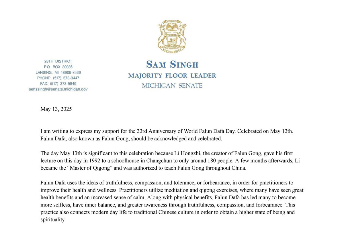 Image for article Michigan, EUA: Senador estadual comemora o Dia Mundial do Falun Dafa