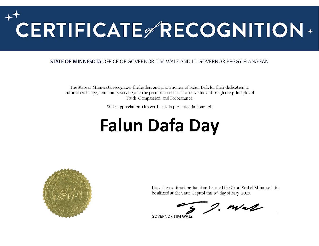 Image for article Minnesota, EUA: Governador homenageia o Dia do Falun Dafa