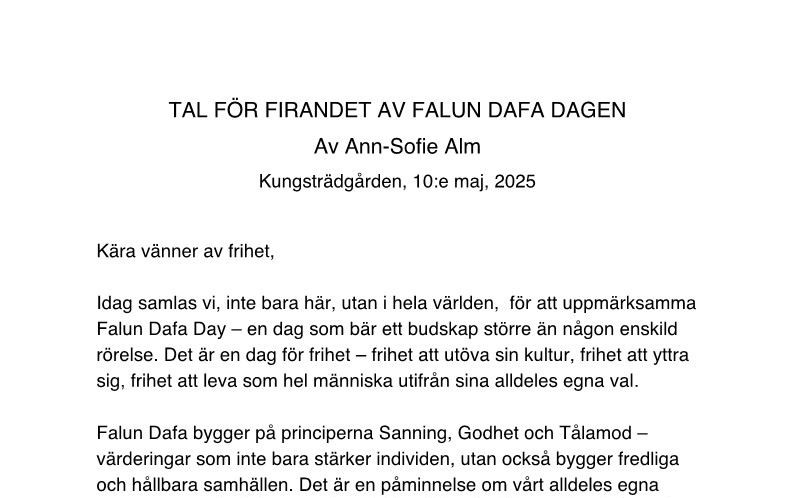 Image for article Suécia: Autoridades eleitas escrevem cartas para marcar o aniversário da apresentação pública do Falun Dafa