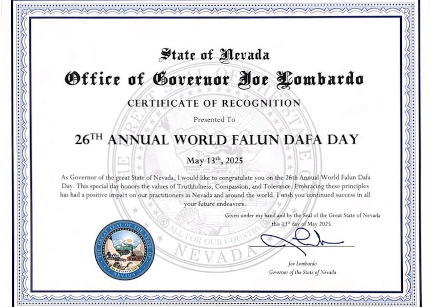 Image for article Nevada, EUA: Governador e vice-governador emitem certificados de reconhecimento para marcar o Dia Mundial do Falun Dafa