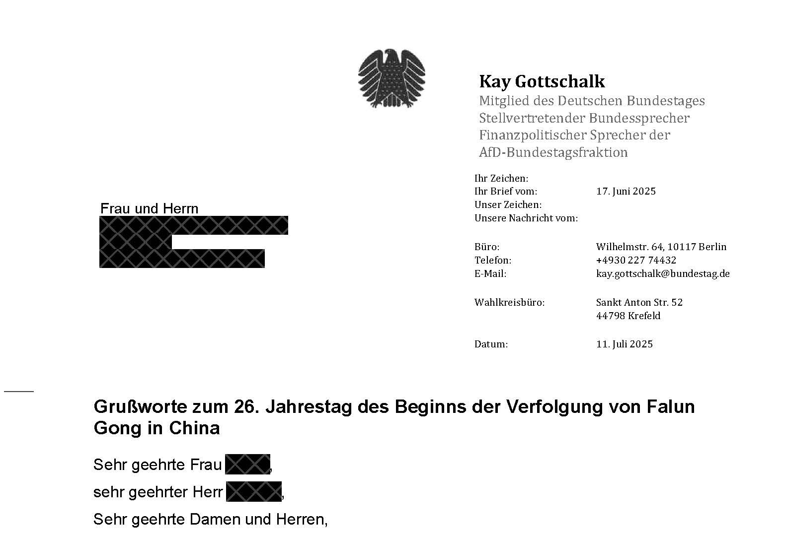 Image for article Alemanha: Parlamentar apoia o Falun Gong e apela ao Partido Comunista Chinês para que respeite os direitos humanos básicos