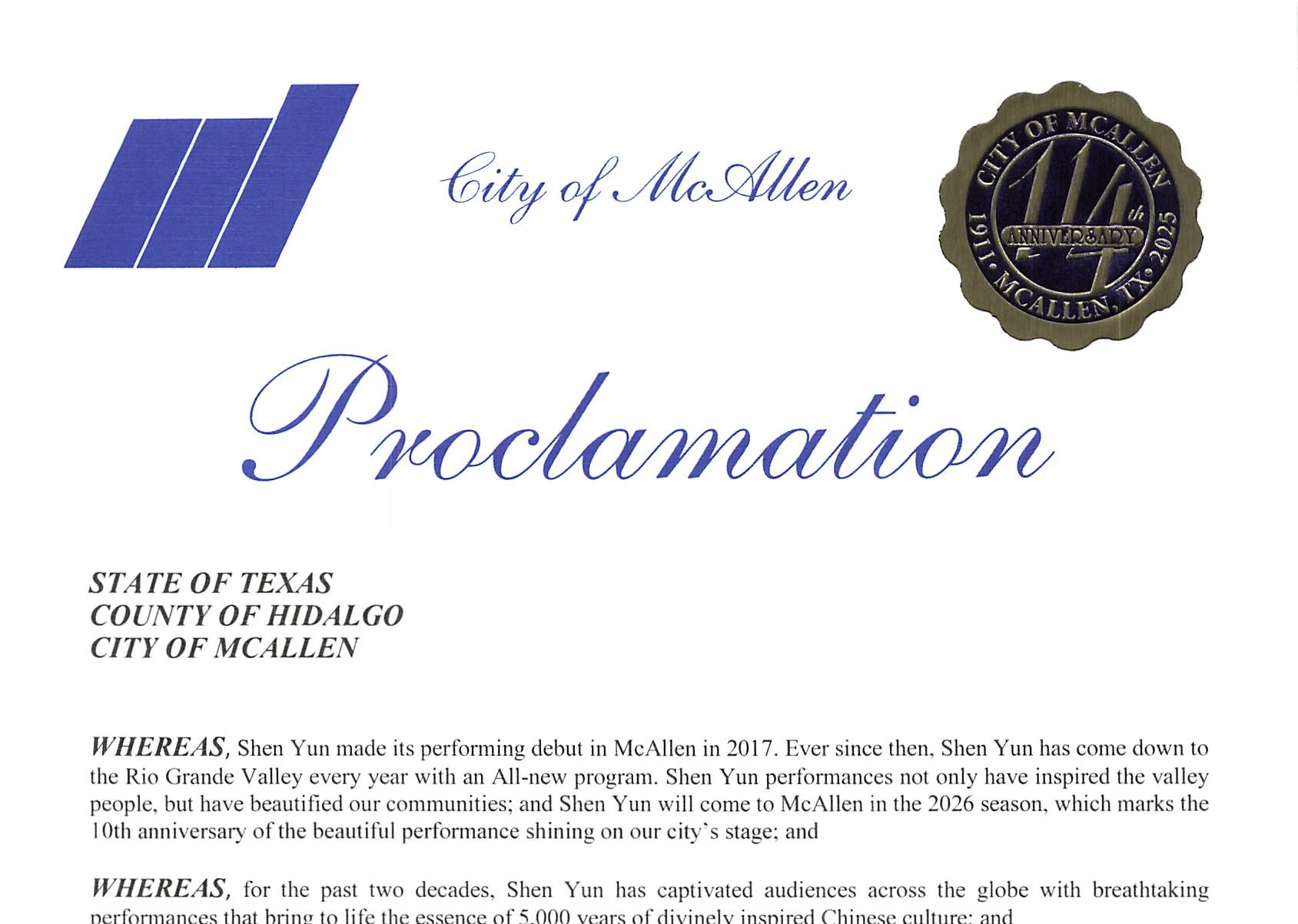 Image for article ​Texas, EUA: Prefeito de McAllen proclama o Dia do Shen Yun Performing Arts