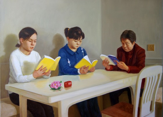 Image for article [Comemoração do Dia Mundial do Falun Dafa] Pintura a óleo: Três gerações de uma família praticando o Falun Dafa