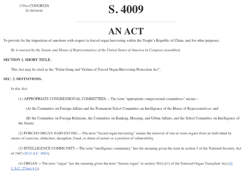 Image for article ​O Senado dos EUA aprova o Projeto de Lei S.4009: Lei de Proteção ao Falun Gong e às Vítimas de Extração Forçada de Órgãos